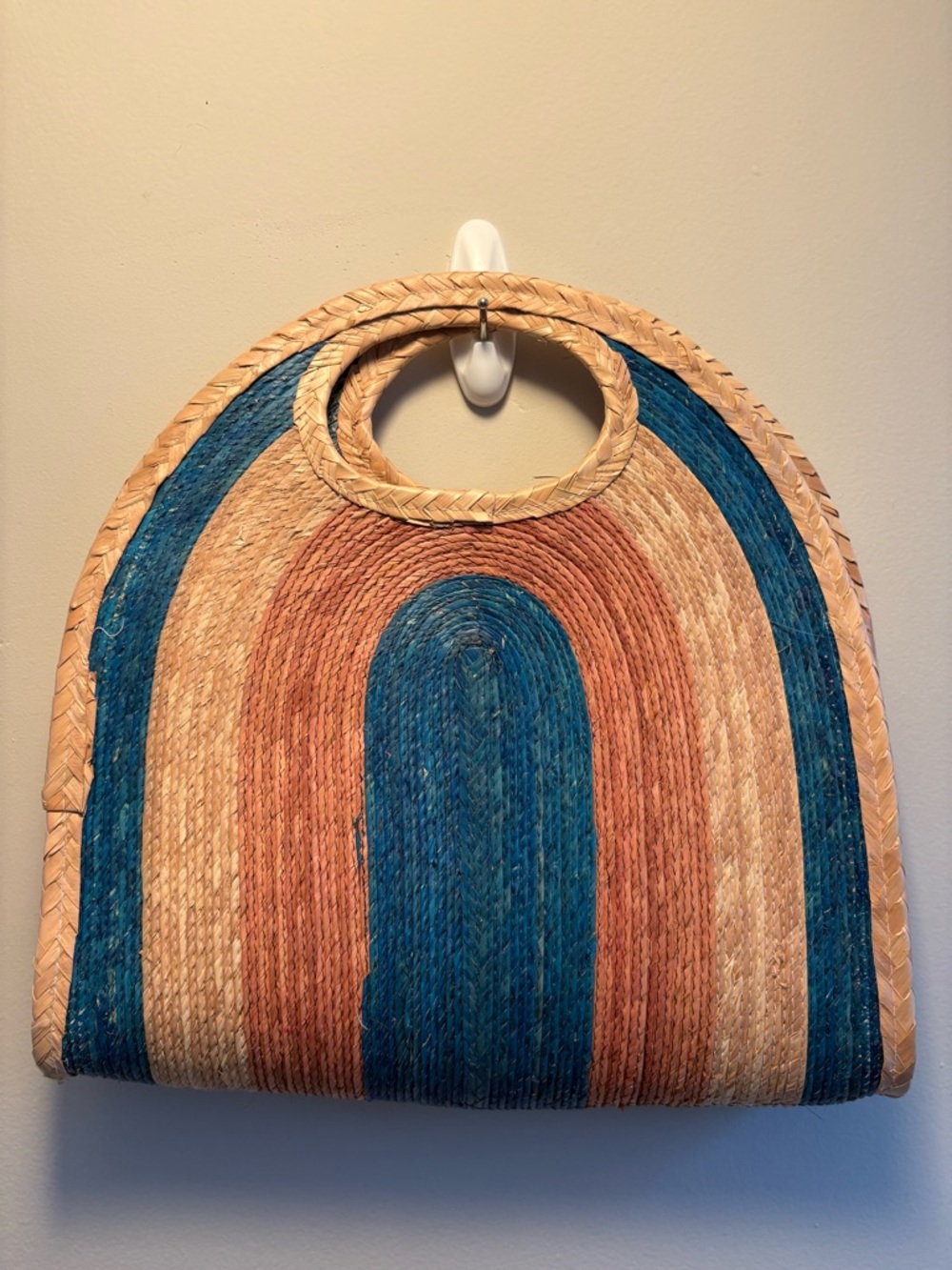 Handwoven Straw Arch Tote Bag in Blue, Tan and dusky peach